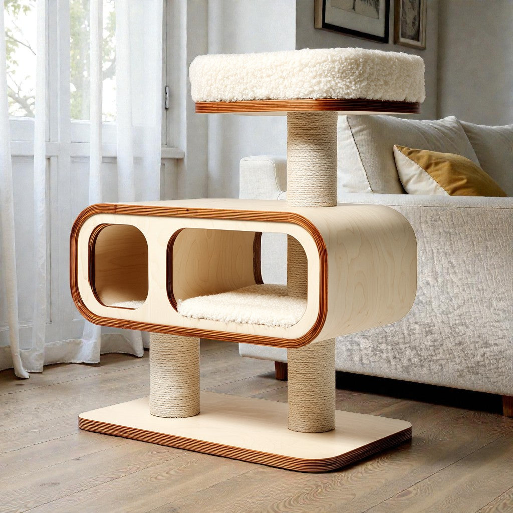 Modern Minimalist Solid Wood Cat Tower with Washable Pads